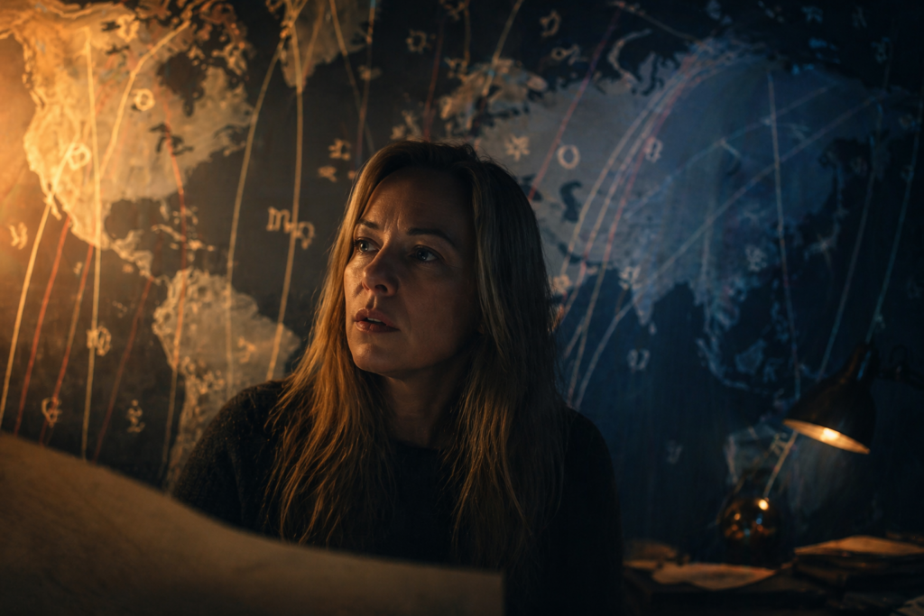 Eine Weltkarte mit Astrokartografie-Linien im Hintergrund